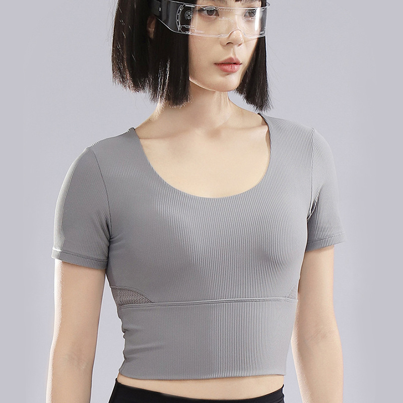 Yoga clothes with chest pad for women in summer Pilates training fitness tops with high-grade round neck and breathable sports short sleeves